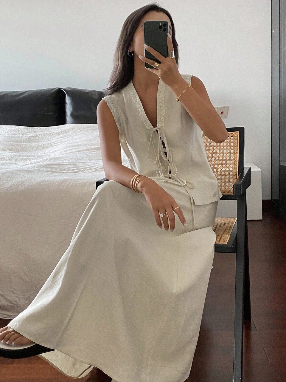 Women's Casual Commuter Solid Color Tie Camisole And Skirt 2 Pieces Set Lounge Sets For Women