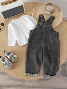SHEIN Vintaside Kids Young Boy Solid Color Long Sleeve Top And Washed Denim Bib Overall Pants Set Chic Outfits For Autumn/Winter Fall
