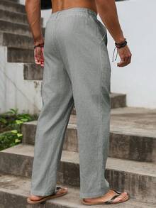 VENTUSAIL Men's Casual Solid Color Cotton Linen Pants, Winter, Fall - Dark Grey - View 2