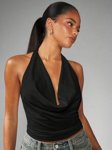 Women Halter Neck Wrap Top Backless Cropped Summer Evening Party Club Casual Sleeveless Dressy Blouse Tie Back Design Fashion Evening Wear - Black - View 5