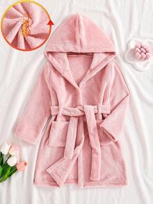 Genkimix Kids Girls' Solid Pink Minimalist Robe, Autumn/Winter Sleepwear Girls Bathrobe Plush Robe Fall - Pink - View 3