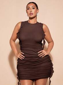 SHEIN BAE 大码女式优雅度假音乐节百搭扎染亮色荷叶边修身迷你连衣裙/海滩度假/夏装/母亲节/妈妈/母亲/妈妈/母亲节/妈妈/妈妈/母亲节礼物，女士生日礼服 - 咖啡棕 - 查看 5