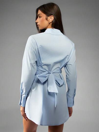 asymmetric mini shirt dress Asymmetric Belted Mini Shirt Dress – SAMO COLLECTION INC main image 0