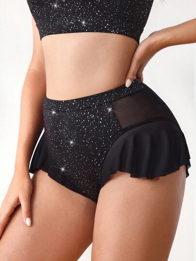 Menodora SHEIN Sport Sparkly Shorts Women's Shiny Print Contrast Mesh Ruffle Shorts Polewear