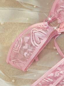 SpicyHot 女士蕾丝透视露背系带性感内衣套装，外出穿着 - 粉色 - 查看 3