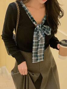 DAZY French Retro Elegant Bow V-Neck Short Knit Sweater Fall Plaid - Black - View 5