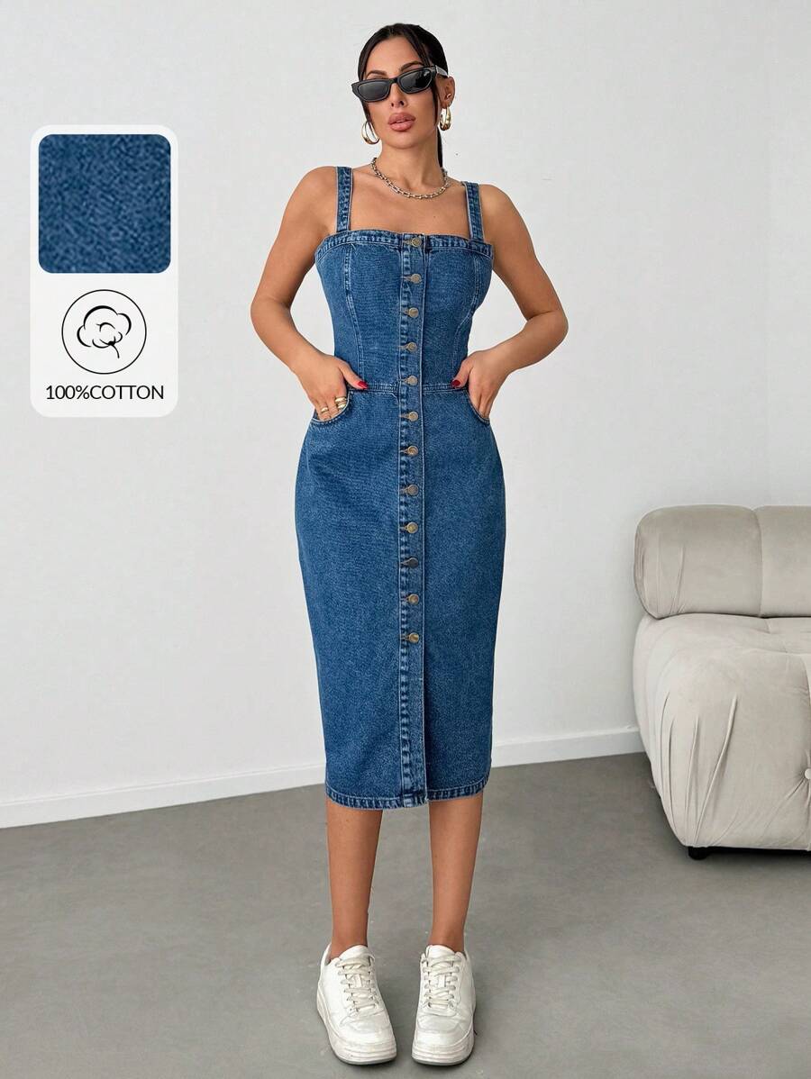 EURMUSE Slant Pocket Button Front Overall Denim Midi Dress - Medium Wash - View 1