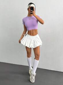 Easithlete 女士休闲纯色短袖运动T恤修身衬衫 - 紫色 - 查看 6