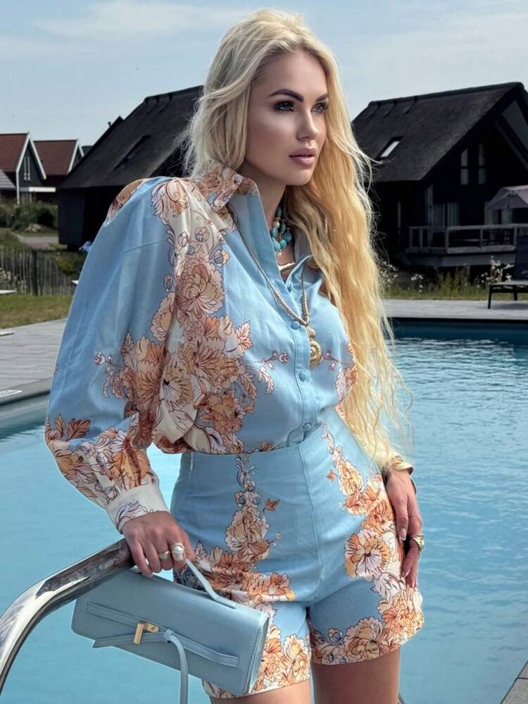 Elegant Women Spring Festival Locational Printed Long Sleeve Lantern Sleeve Blouse