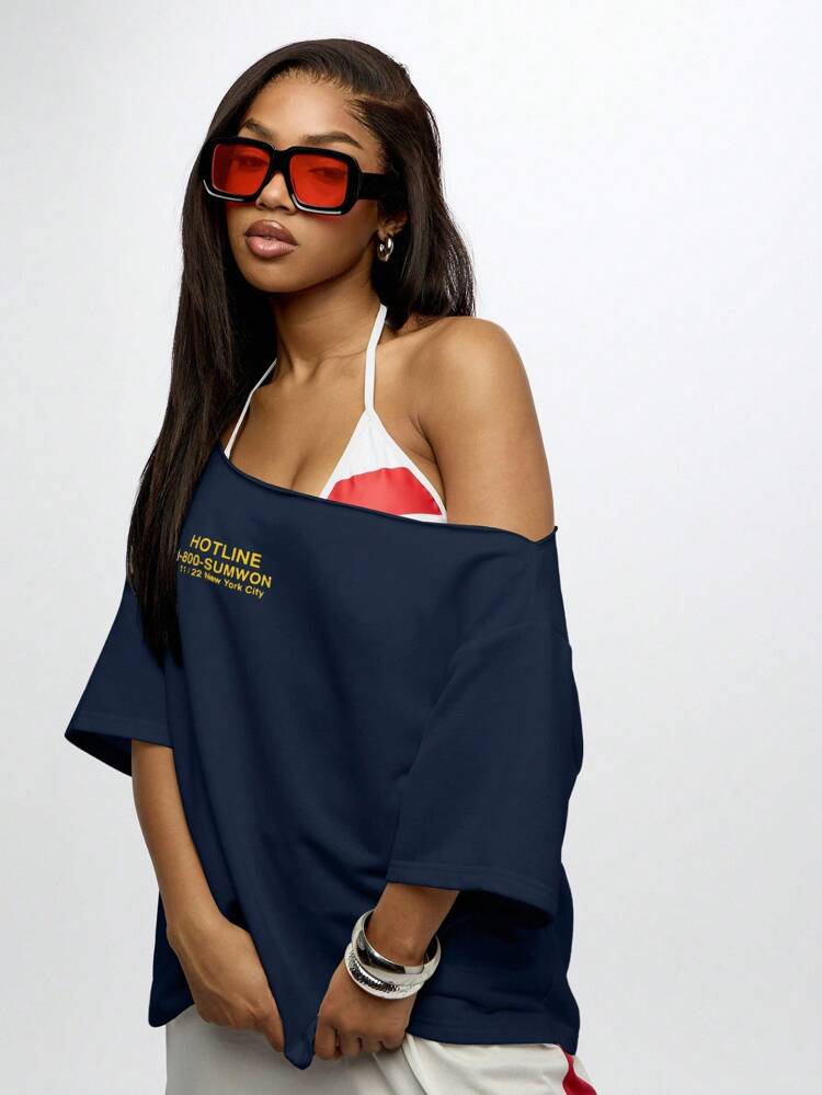 SUMWON WOMEN Oversized Off Shoulder Graphic Slouchy Tee With Hotline Print