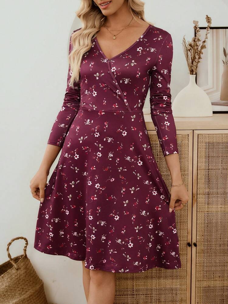 Women's Casual V-Neck Long Sleeve Short Dress With Printed Pattern, Summer Wine Floral Dress Long Sleeve Floral Dress Burgundy Floral Dress Fall Floral Dress Autumn Floral Dress