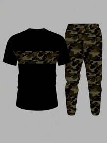 Manfinity Homme 2 件套时尚休闲迷彩拼色修身圆领 T 恤和裤子套装男士 - 黑色 - 查看 2