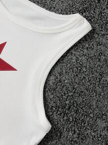 INAWLY 女士红色五角星 Y2K 图案休闲简约性感无袖背心，适合居家、街头、街头服饰、柔美女孩、电子女孩 - 白色 - 查看 3