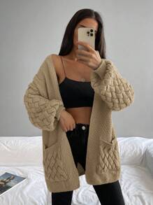 EURMUSE Dual Pocket Drop Shoulder Open Front Cardigan - Camel - View 4