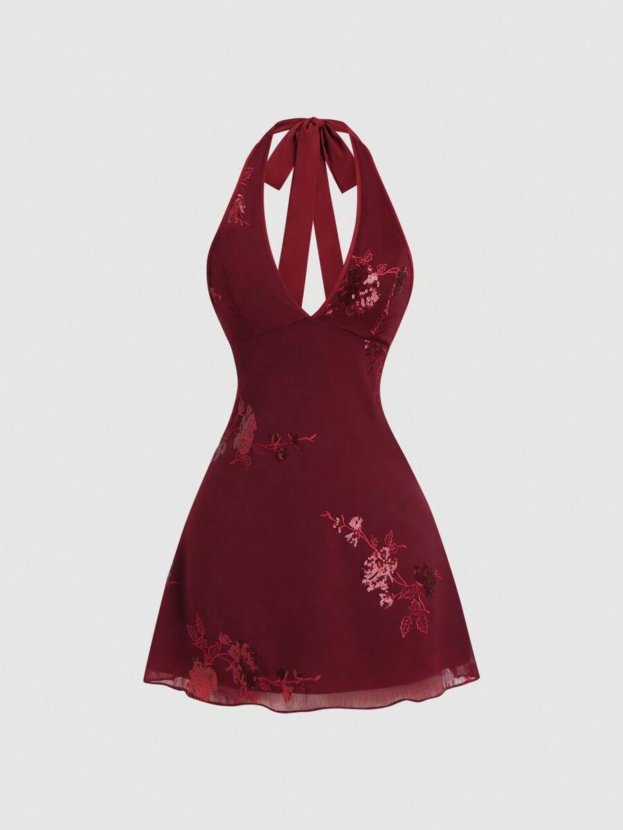 Sweetra 性感时尚夏季亮片装饰 V 领束腰紧身迷你连衣裙，清新绿色 - 紅色 - 查看 1