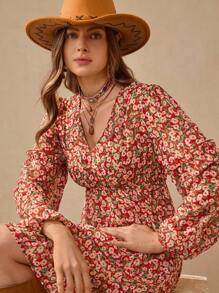Wildy Romantic Countryside Ditsy Floral Long Sleeve Ruffle Hem Short Dress - Brown - View 7