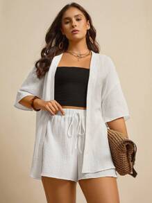 SHEIN LUNE 2pcs/Set Plus Size Casual Elastic Waist Top & Shorts Set Plus Size Linen Outfits Women Summer Outfit Set Linen Two Piece Set Summer Cardigan Plus Size Plus Size Summer Outfit Vintage Old Money Style Women Streetwear Fall Outfits Back To School Kawaii Streetwear Women Vintage Clothes Basic Back To School Autumn Going Ou Tracksuit White Shirt