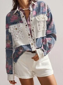 Bohemela 大码休闲印花拼接纽扣开襟蝙蝠袖外套，秋季款 - 彩色 - 查看 4