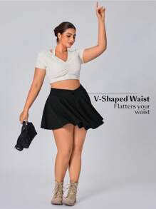 Flexra Plus Size Casual Solid Color Skirt, Summer - Black - View 4