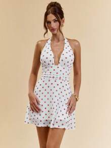 SHEIN BAE Váy mini cổ yếm chấm bi khoét sâu gợi cảm dành cho nữ - Đỏ - Xem 3