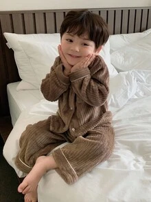 DAZY Pyjama en flanelle de couleur unie confortable à manches longues pour bébés garçons, doublure thermique pour automne/hiver, pour tout-petits - Marron - Voir 1