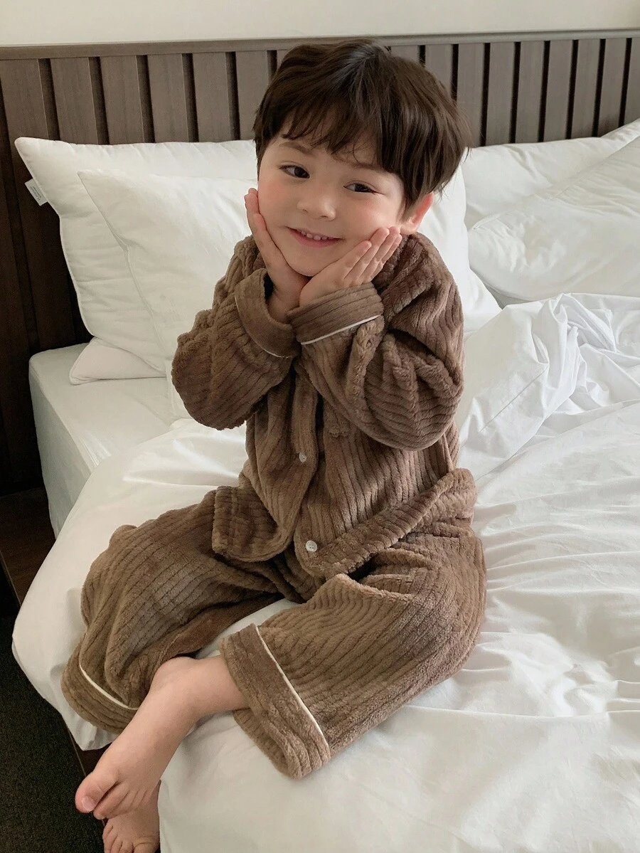DAZY Pyjama en flanelle de couleur unie confortable à manches longues pour bébés garçons, doublure thermique pour automne/hiver, pour tout-petits - Marron - Voir 1