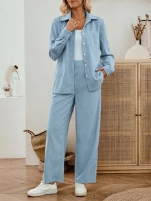 EMERY ROSE Women's Solid Color Pocket Long Sleeve Single-Breasted Shirt And Pants Corduroy 2 Pieces Lounge Sets,Light Blue Autumn Casual Occasion Fall Outfit - Blue - View 6