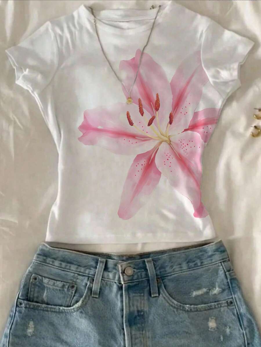 Attitoon Women's Floral Print Crew Neck Short Sleeve Fitted T-Shirt, Suitable For Summer, Vacation, Vintage - Multicolor - View 1