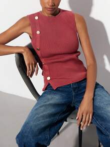 Maija 女士红色无袖休闲针织上衣，纽扣设计，圆领，性感时尚，通勤和日常穿着舒适。 - 紅色 - 查看 2