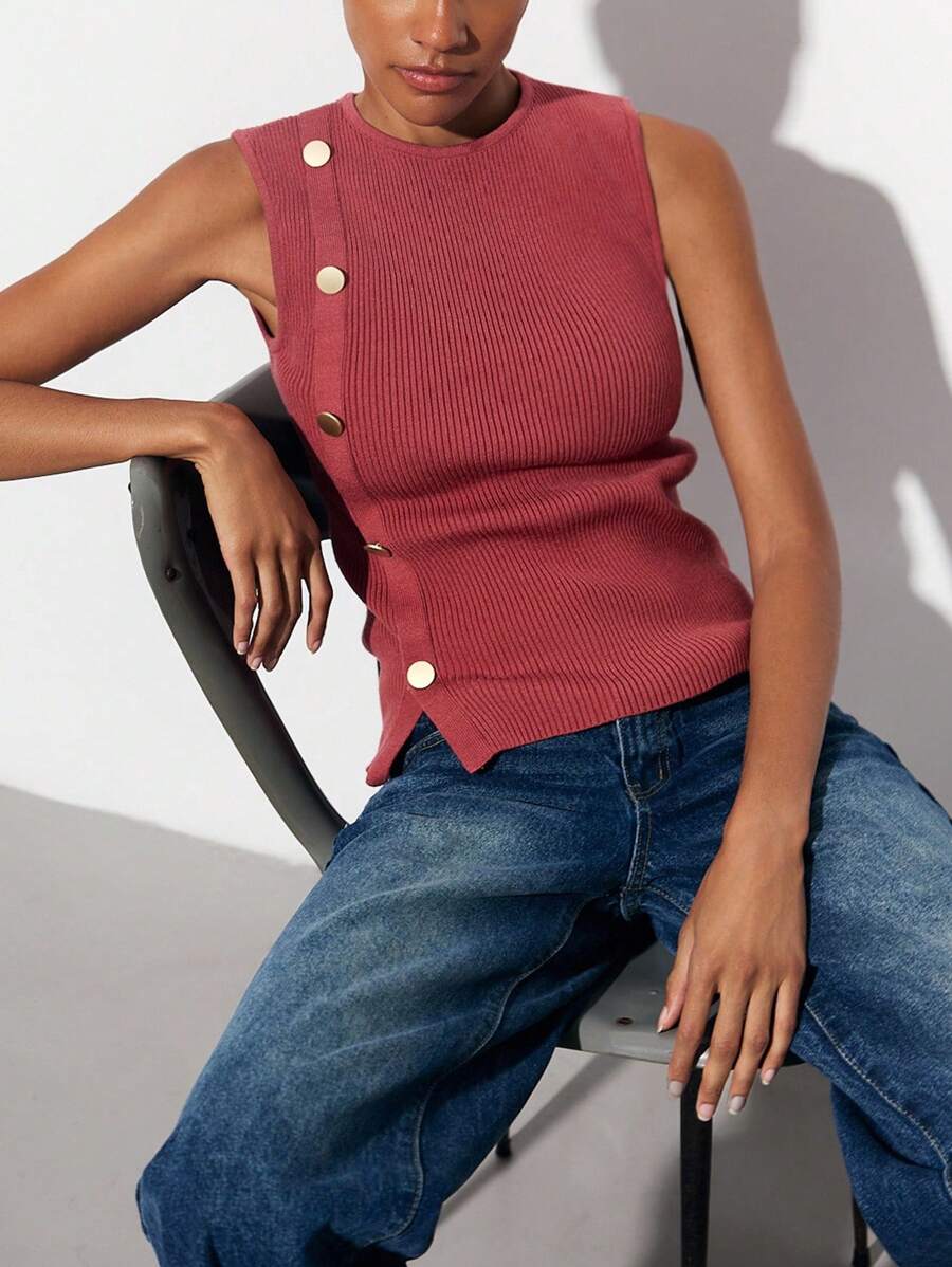 Maija 女士红色无袖休闲针织上衣，纽扣设计，圆领，性感时尚，通勤和日常穿着舒适。 - 紅色 - 查看 1