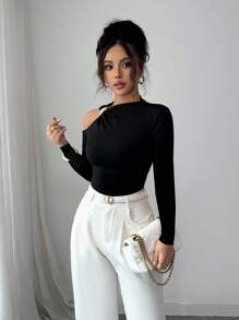 Elenzga 女式纯色金属装饰镂空肩部长袖修身T恤 - 黑色 - 查看 4