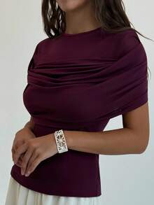 Aloruh 女士优雅纯色褶皱修身上衣，夏季婚礼周年纪念伴娘派对约会性感可爱夏季上衣秋季教师飘逸上衣深紫色网纱前褶皱上衣，罗马式垂褶，优雅约会，浪漫教堂优雅 - 酒紅色 - 查看 7