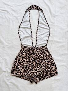 Soleia 女士性感豹纹深 V 领露背连体衣，修身廓形，适合派对、圣诞节、约会之夜、夜总会、海滩、游轮、下午茶、波西米亚风、度假、秋季