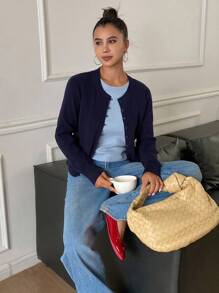 DAZY Áo len dệt kim cổ tròn tay dài 2 trong 1 chắp vá dành cho nữ, mặc dạo phố, mùa thu/đông - Màu xanh hải quân - Xem 7