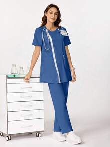 TaskEZ 蕾丝拼布休闲宽松多口袋上衣和高腰直筒裤磨砂制服套装 - 深邃藍 - 查看 7