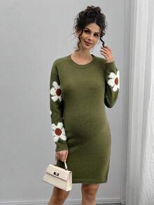 Momance Maternity Casual 3D Floral Fitted Knit Dress, Autumn/Winter