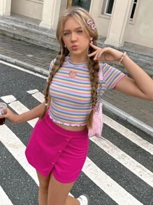 SHEIN 青少年女孩條紋圖案愛心刺繡木耳邊T恤和圍裹下擺裙裤 - 彩色 - 查看 6