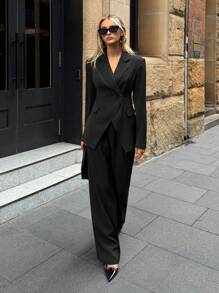 Aloruh Women's Basic Lapel NeckLong Sleeve Jacket And Pants Suit, Commuting & Daily Wear In Fall/Winter - Black - View 9