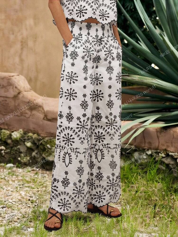 SHEIN Maija Damskie spodnie z szerokimi nogawkami, swobodne, haftowane, wakacyjne, damskie, biznesowe, casualowe, wakacyjne, boho, boho, dla kobiet