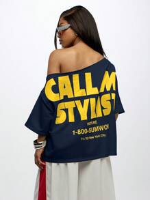 SUMWON WOMEN Camiseta holgada de manga corta con estampado retro de "Hotline" de moda callejera de Nueva York, con estilo gráfico y hombros descubiertos para el otoño