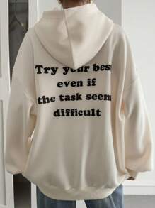 Livesso 女式字母印花宽松休闲连帽运动衫 - 白色 - 查看 5