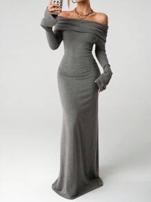 SHEIN ICON Vestido casual largo gris con hombros descubiertos de moda para mujer en otoño/invierno - Gris - Ver 3