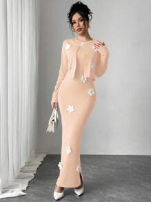 Elenzga Women's Solid Color Elegant Lady Style Jacket & Dress Set With Floral Decor, Suitable For Spring/Summer Fall Cloth For Women