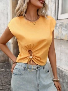 INAWLY 女式纯色圆领蝙蝠袖抽绳设计休闲衬衫