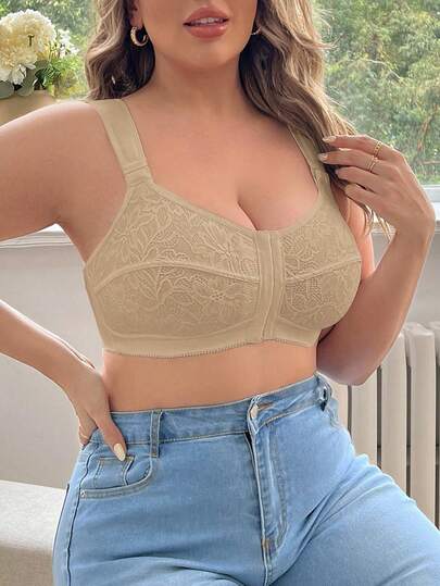 1 件大码女式前扣花卉蕾丝文胸，支撑曲线全覆盖文胸，提升