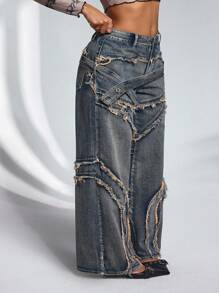 Jeanoix 大码女式纽扣设计磨边阔腿宽松休闲牛仔裤