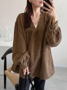FRIFUL Women's Solid Color V-Neck Long Sleeve Pleated Loose Casual Shirt Brown Tops Brown Blouses Corduroy Tops Brown Corduroy Top V Neck Corduroy Top