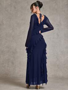 SHEIN BAE Váy maxi dài tay nhún bèo lãng mạn mùa thu, thanh lịch cho hẹn hò, du lịch, đồ lót mùa thu, thích hợp cho ngày lễ tình nhân, nơ, váy thanh lịch cho phụ nữ, váy ngày lễ, váy trang trọng cho phụ nữ, váy midi cho phụ nữ, váy mùa hè, lưới, tay áo mỏng, váy thường ngày, váy cưới cho phụ nữ, cong hơn, váy sinh nhật cỡ lớn, cong, váy dạ hội, mùa hè, mùa thu - Màu xanh hải quân - Xem 6