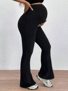 SHEIN 孕妇可调节腰部紧身喇叭裤超高腰长裤 - 黑色 - 查看 4