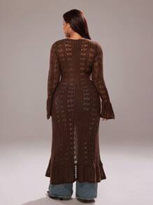 Rustia 返校棕色长款开衫、镂空针织毛衣开衫、休闲风长款喇叭袖毛衣开衫